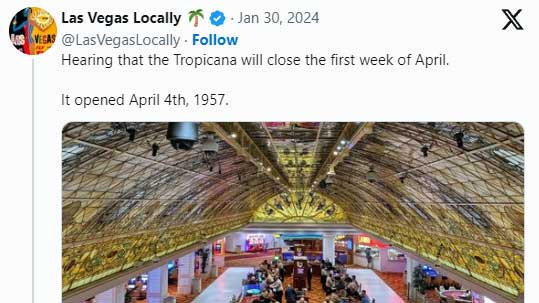 拉斯維加斯Tropicana娛樂場 將於4月關(guān)閉