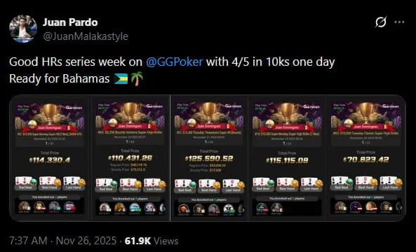 GGPoker高額桌 統治級大神一周內贏得5座GG豪客賽冠軍